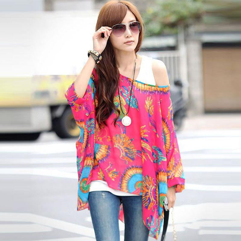 Women Casual Chiffon Blouses Bohemia Print Loose Batwing Sleeve Tops Shirt