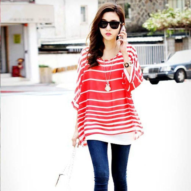 Women Casual Chiffon Blouses Bohemia Print Loose Batwing Sleeve Tops Shirt