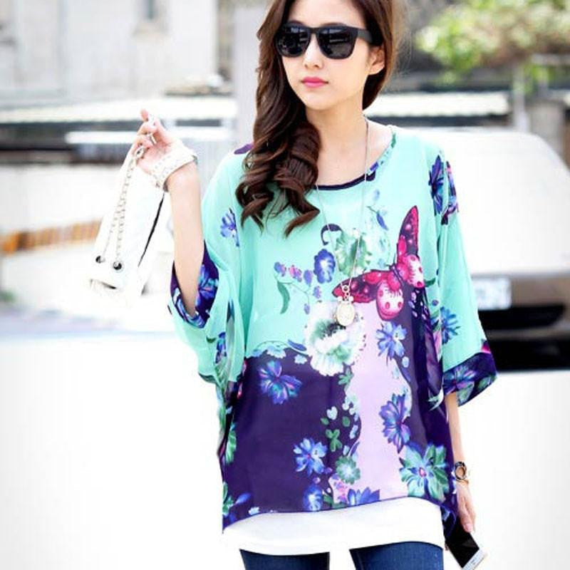 Women Casual Chiffon Blouses Bohemia Print Loose Batwing Sleeve Tops Shirt