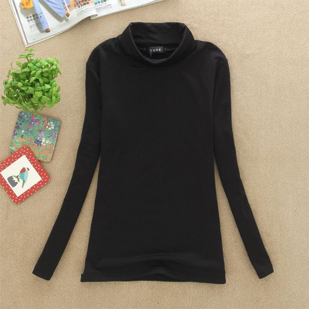 Women Turtle Neck T Shirts Long Sleeve High Neck Warm Top Milk Silk Base Shirt Solid Color