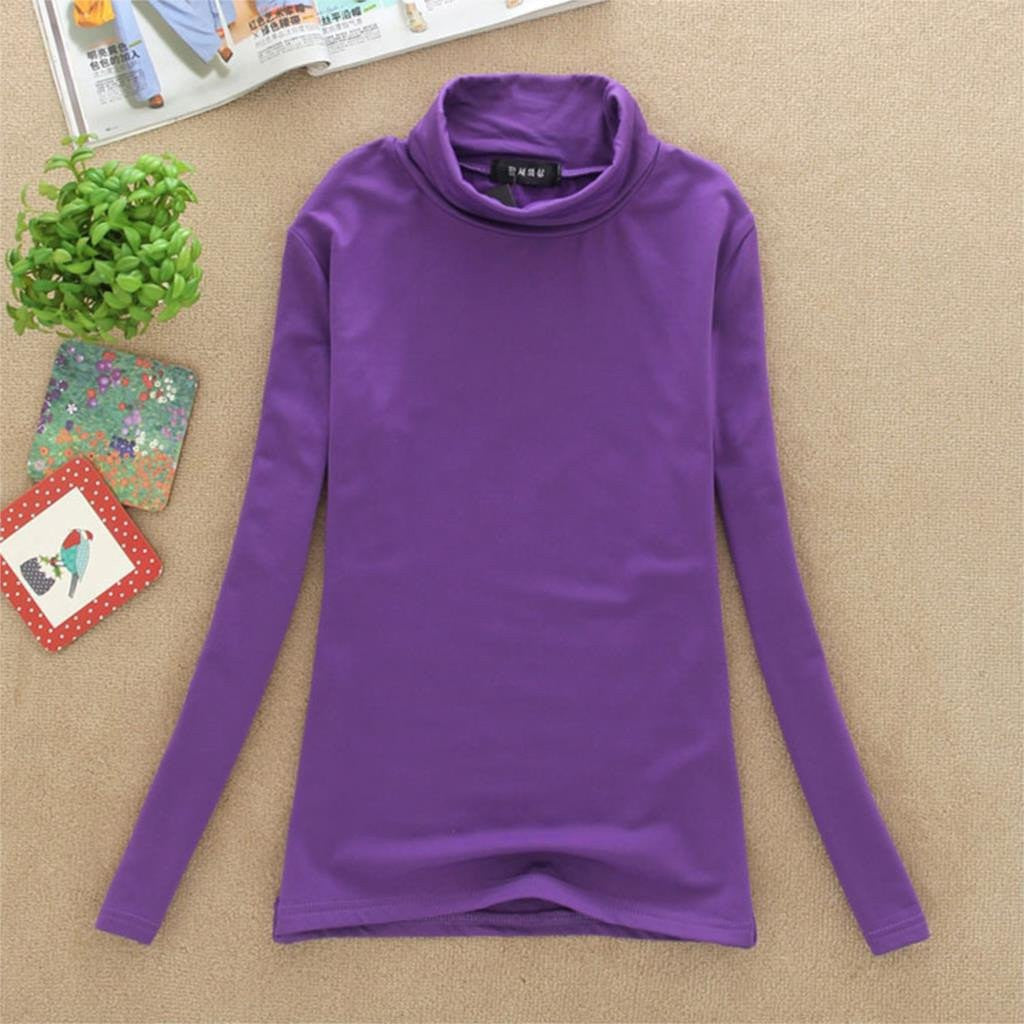 Women Turtle Neck T Shirts Long Sleeve High Neck Warm Top Milk Silk Base Shirt Solid Color