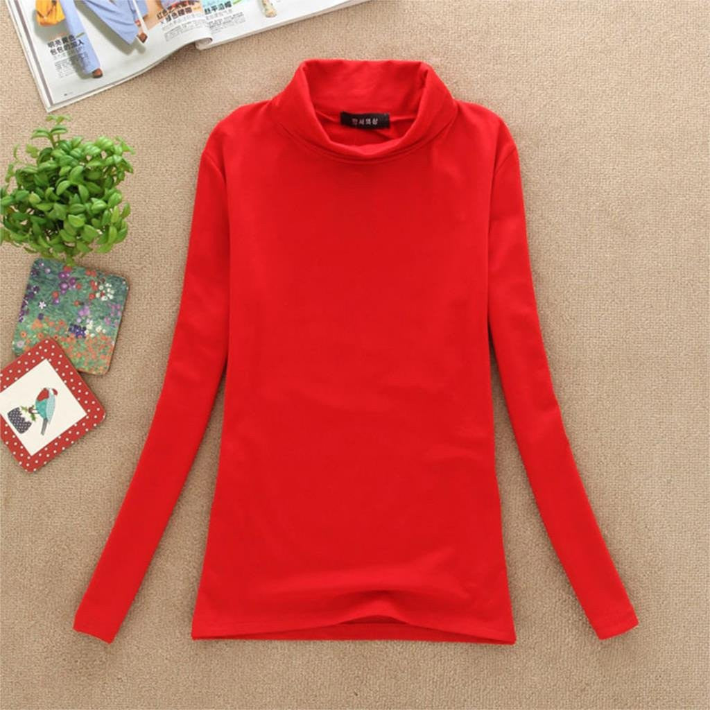 Women Turtle Neck T Shirts Long Sleeve High Neck Warm Top Milk Silk Base Shirt Solid Color