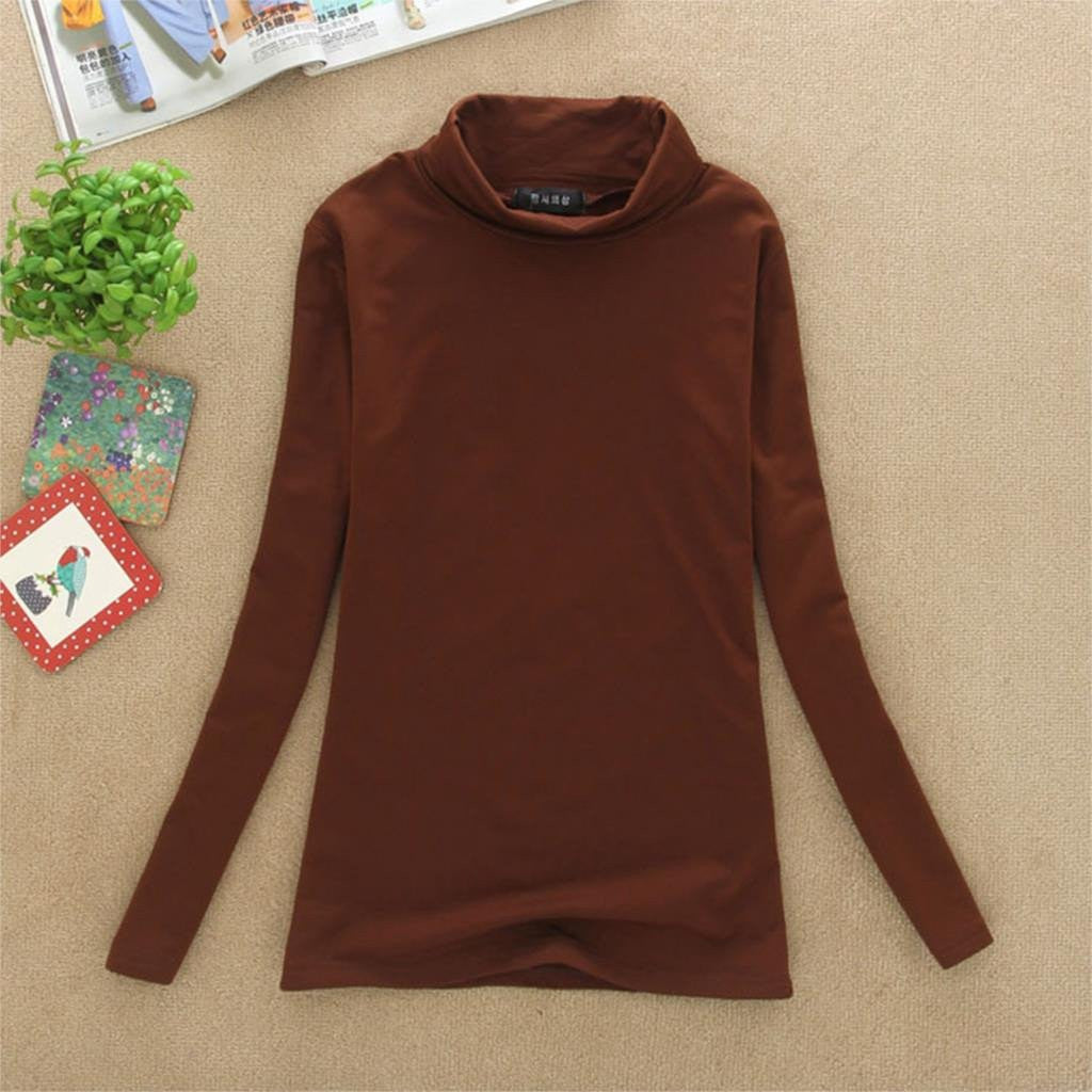 Women Turtle Neck T Shirts Long Sleeve High Neck Warm Top Milk Silk Base Shirt Solid Color