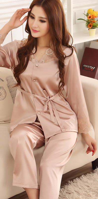 Womens Lace Silk Sleepwear Pajamas Sets Satin Long-sleeved Leisure Loungewear Champagne Set L-3XL