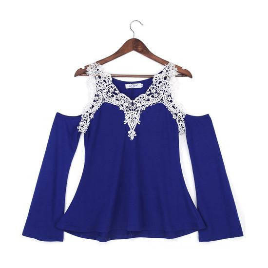 Women Blouse Casual Cotton Off Shoulder V Neck Shirt Ladies Long Sleeve Lace Patchwork Plus Size Tee Top