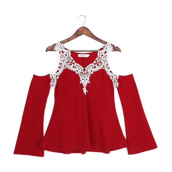 Women Blouse Casual Cotton Off Shoulder V Neck Shirt Ladies Long Sleeve Lace Patchwork Plus Size Tee Top