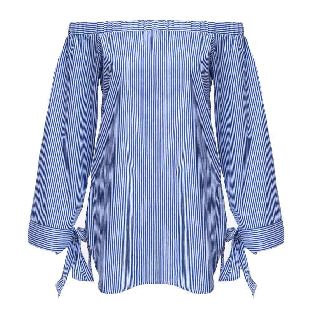 Women Elegant Blue White Striped Blouse Off The Shoulder Blouses Slash Neck Long Sleeve Bow Tops