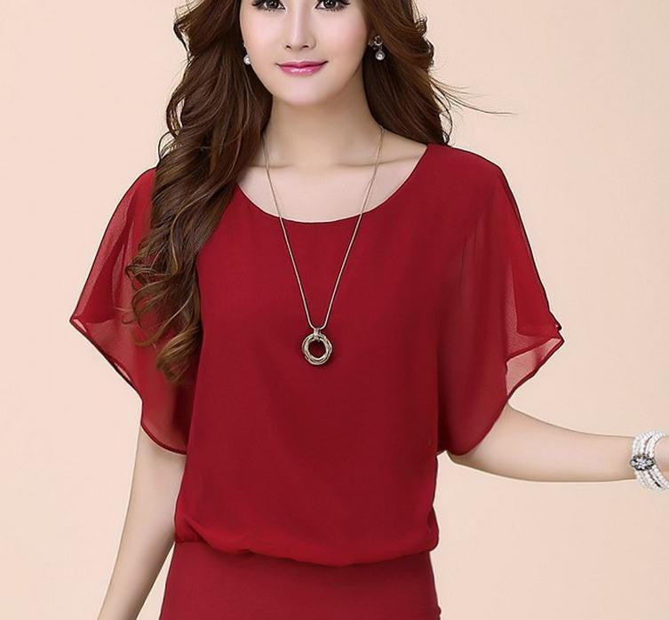 Women's Short-sleeve Top Ladies Chiffon Blouses Shirts Female Elegant Batwing Plus size Casual