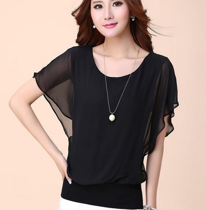 Women's Short-sleeve Top Ladies Chiffon Blouses Shirts Female Elegant Batwing Plus size Casual