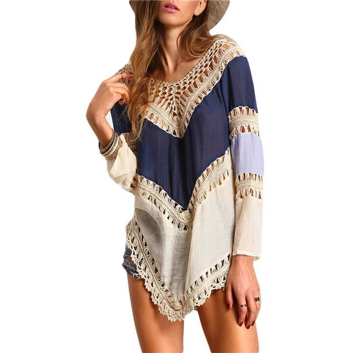 Woman Tops Female Casual Shirt Colour-block Hollow Out Long Sleeve Crochet Loose Blouse