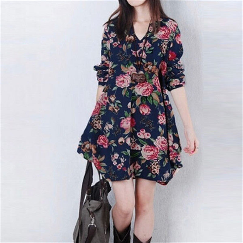 Plus Size S-XXL Fashion Ladies Autumn Vestido Floral Print Linen Casual Loose Long Sleeve V Neck Dresses High