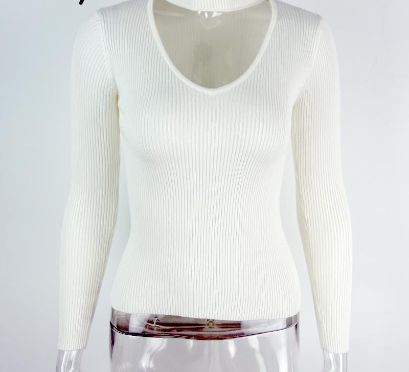 Online discount shop Australia - black halter knitted sweater White sexy pullover women tops Slim v neck long sleeve chic jumper pull