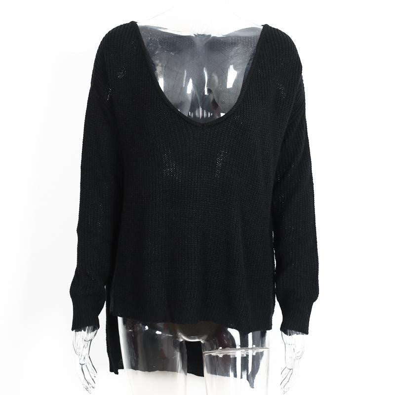 v neck split knitted sweater Women black long sleeve pullovers knitwear white jumper pull