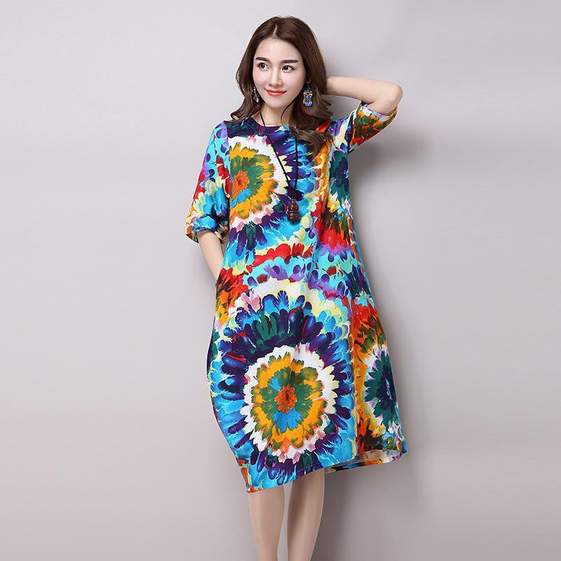 Vintage Print Loose Casual Long Dress Plus Size Women's Cotton Linen Summer Dresses H200