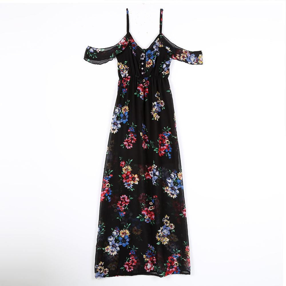 Off Shoulder V-Neck Summer Dress Fashion Sleeveless Chiffon Women Maxi Dress Retro Floral Print Evening Long Party Dress