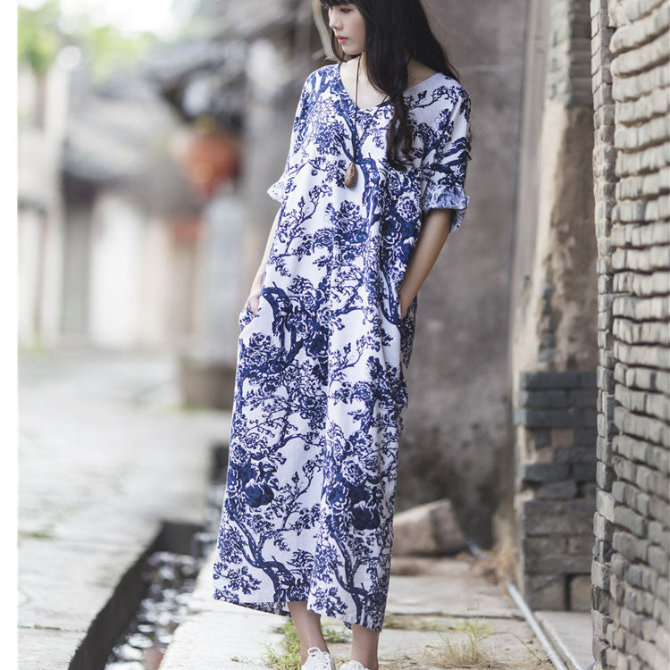 Women Dress Summer Linen V-neck Vintage Print Long-sleeve Loose-waist Hem Split Long Maxi Vintage Dress 0144