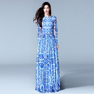 Online discount shop Australia - HIGH QUALITY New Fashion Women's Long Sleeve Vintage Blue And White Print Dress Brand Maxi Dress