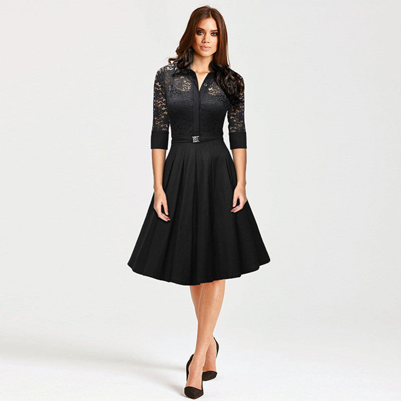 Online discount shop Australia - Audrey Hepburn vintage women Lace Waist Black big swing robe high quality dress Lady rockabilly party dresses