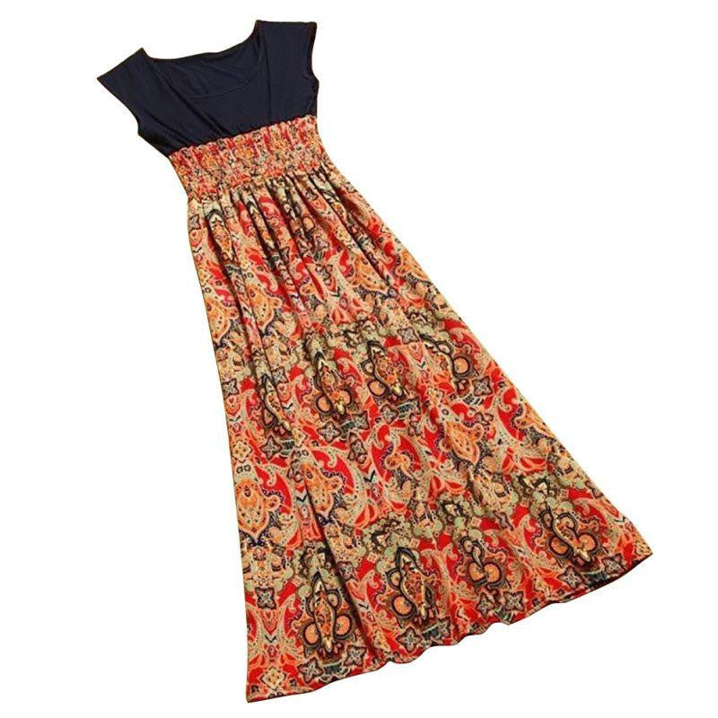 Women Casual Bohemian Vintage Print Patchwork Dress Long Summer Party Beach Dresses