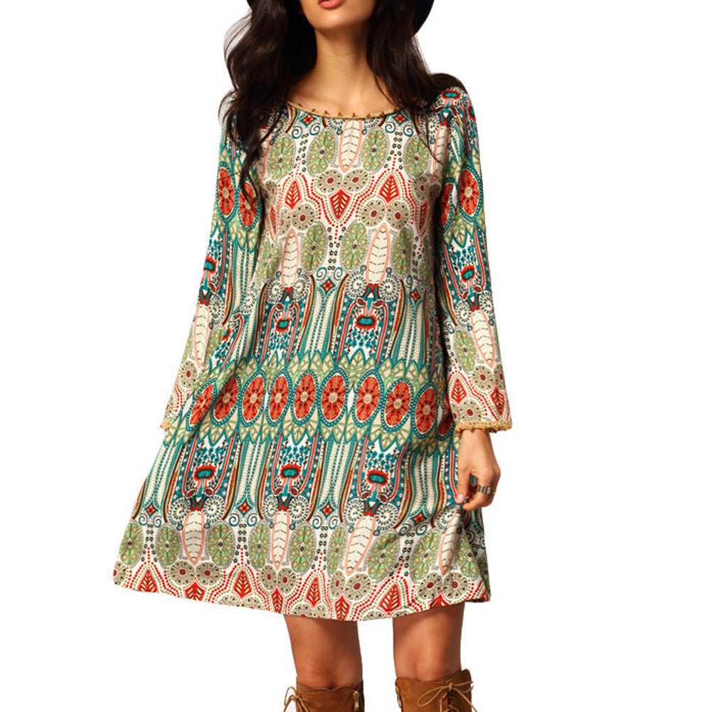 Boho Style Women Party Evening Summer Beach Dress Long Sleeve Crew Neck V Back Bohemia Sundress