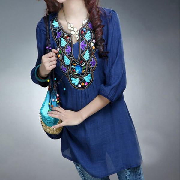 Women Boho Ethnic Embroidery Long Tops Blouse 3/4 Sleeve Pullover Shirt