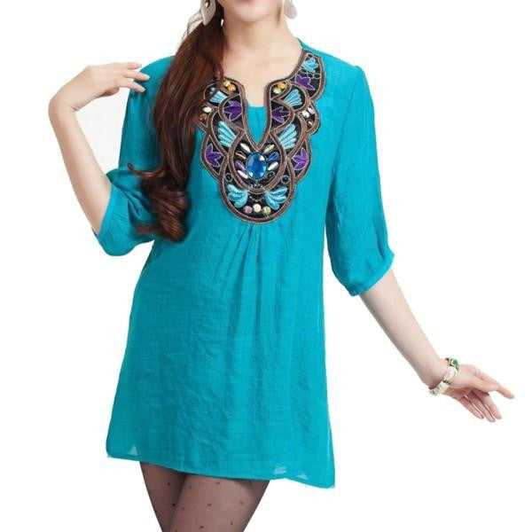 Women Boho Ethnic Embroidery Long Tops Blouse 3/4 Sleeve Pullover Shirt