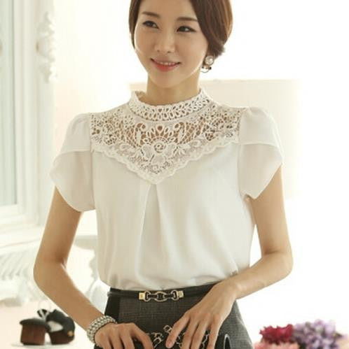 Online discount shop Australia - Elegant White Tops Women Chiffon Lace Blouse Vintage Lotus Leaf Sleeve Crochet Lace Shirt Women Lace Tops Plus Size XXL