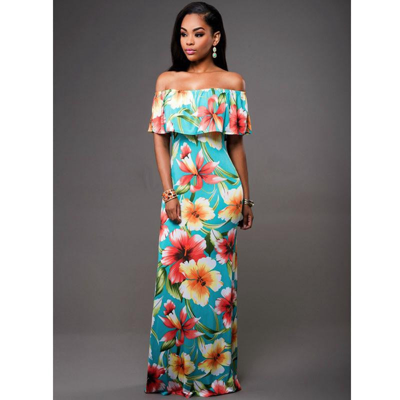 Retro Casual Beach Maxi Dress Women Summer Off the Shoulder Dresses Bandage Sleeveless Long Bodycon Ruffle Dress Robe