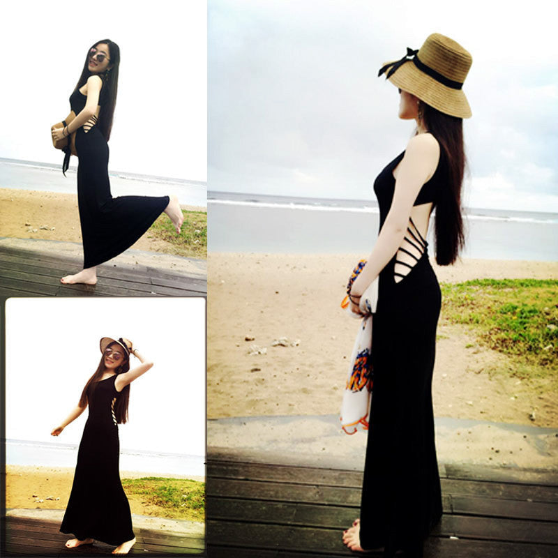 Women Dress Black Backless Strappy Sleeveless Maxi Dress Fashion Long Bodycon Hollow Out