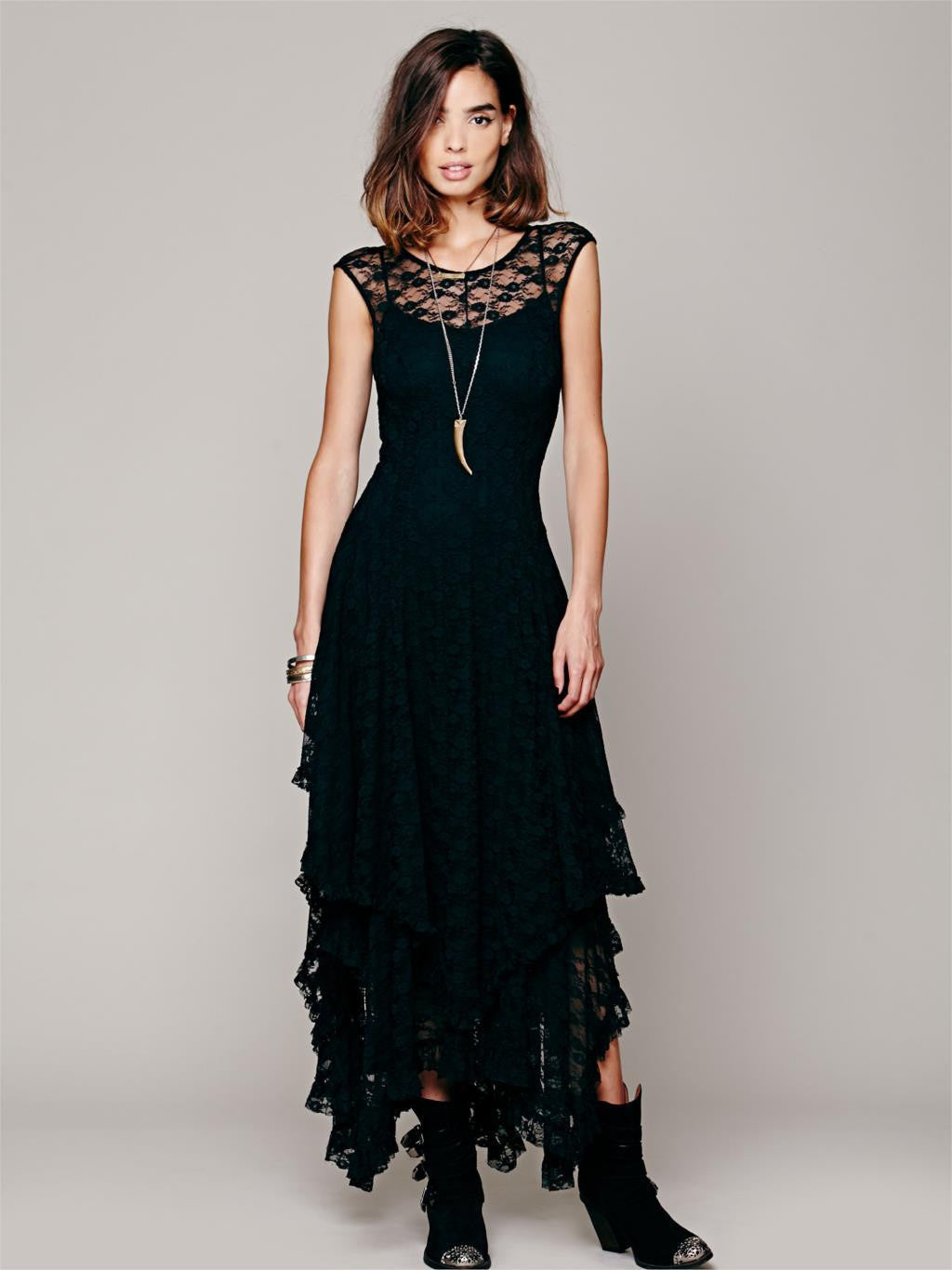 Online discount shop Australia - Boho People hippie Style Asymmetrical embroidery Sheer lace dresses double layered ruffled trimming low V-back (No lining)