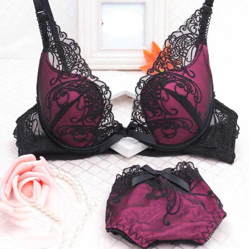 Women Push Up Bra Set V -Neck Plunge Lace Bra + Briefs Lace Bra Lingerie Bra