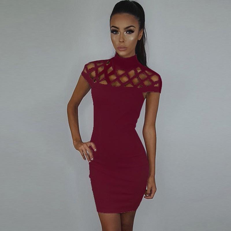 Turtleneck Short Sleeve Hollow Out Bodycon Dress Vestidos Club Party Bandage Dresses