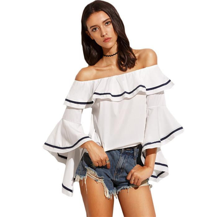 Striped Trim Off The Shoulder Ruffle Top Women Fashion Shirt Three Quarter Length Sleeve Blouse