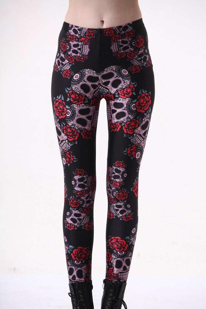 Online discount shop Australia - Hot Supernova Sale Womens Galaxy DAY OF THE DEAD LEGGINGS Digital Printed Milk Vintage Skull Flower Pants