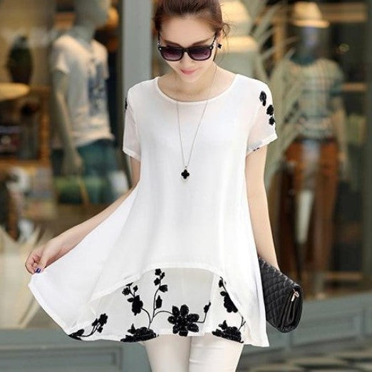 Plus Size 5XL Chiffon Blouse Women Clothing Loose Short Sleeve Embroidery Flower Print Patchwork Tops D53558