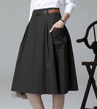 Online discount shop Australia - Fashion Style New Casual A-line Pockets Skirt Khaki and Black Solid Midi Princess Button Women Skirts