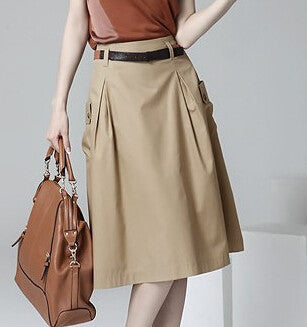 Online discount shop Australia - Fashion Style New Casual A-line Pockets Skirt Khaki and Black Solid Midi Princess Button Women Skirts