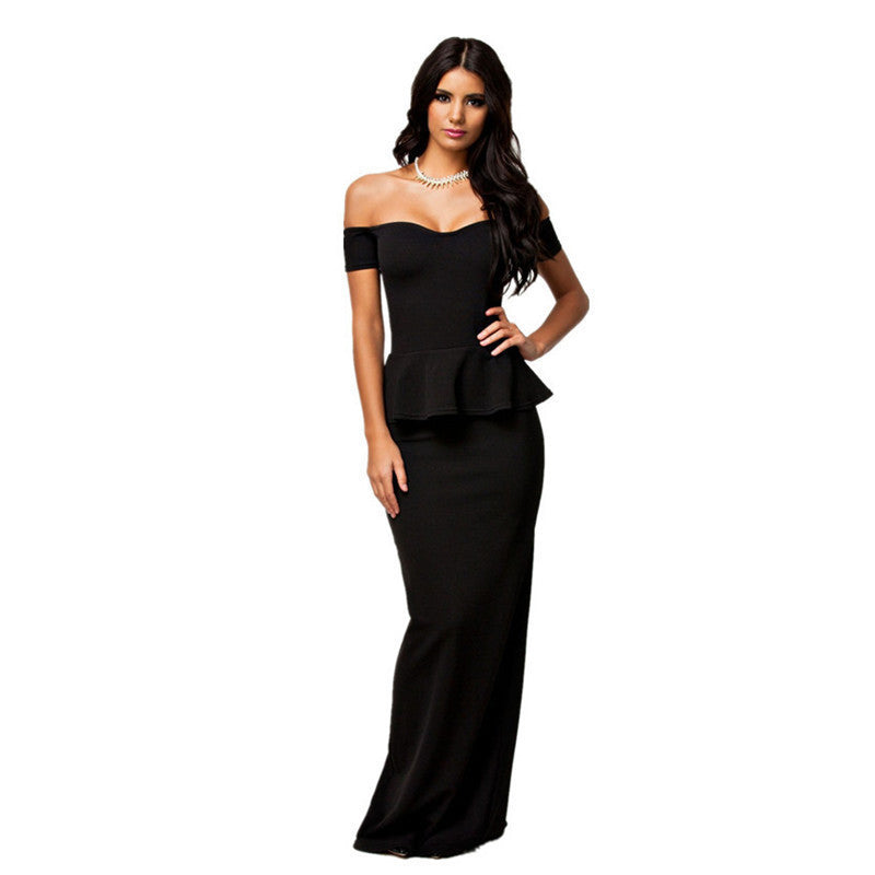 Online discount shop Australia - Autumn Formal Maxi Dresses Black Short Sleeve Off Shoulder Women Peplum Party Dress LC6244