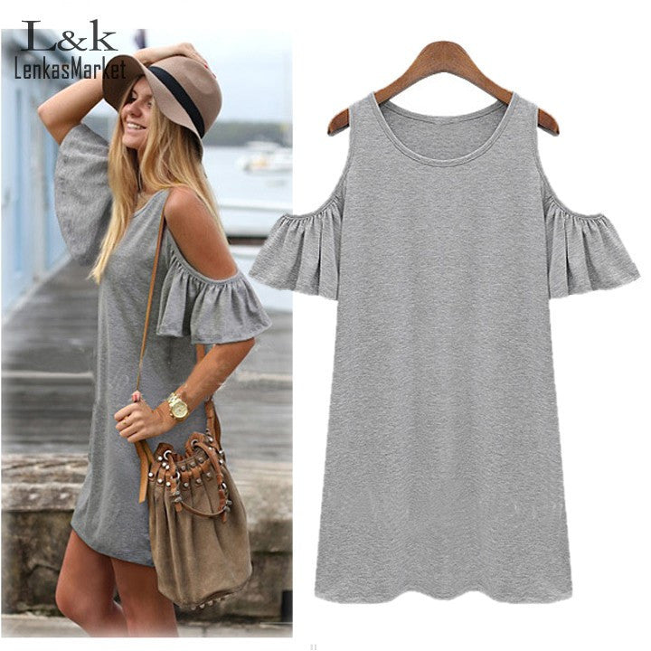 Plus Size Women Summer Dress Off shoulder Women Dresses Loose Straight Short Sleeve Mini Vestidos Black Gray M-5XL