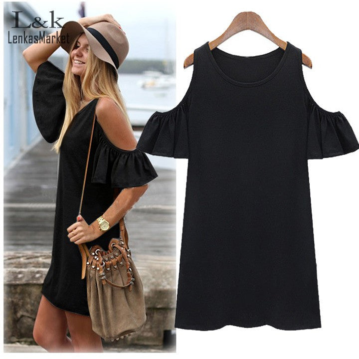 Plus Size Women Summer Dress Off shoulder Women Dresses Loose Straight Short Sleeve Mini Vestidos Black Gray M-5XL