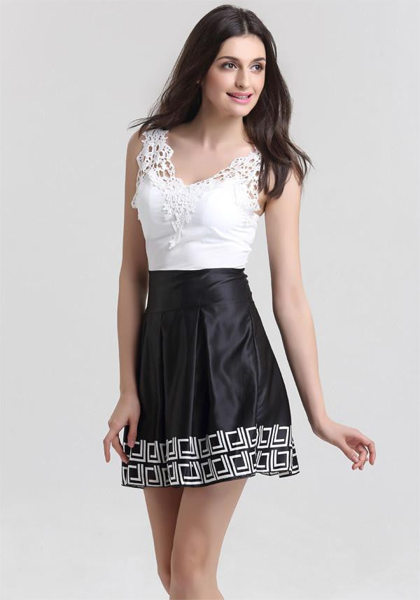 Women Dress Vintage Sleeveless Summer Dress V-neck Lace Patchwork Dresses Black White Dresses