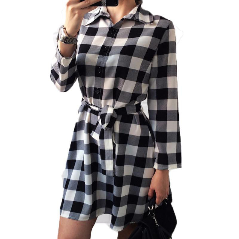 Women Plaid Dresses Long Sleeve Dress Plus Size With Belt Work Office Business Casual Vintage Woman Dress Vestidos Multi Colors