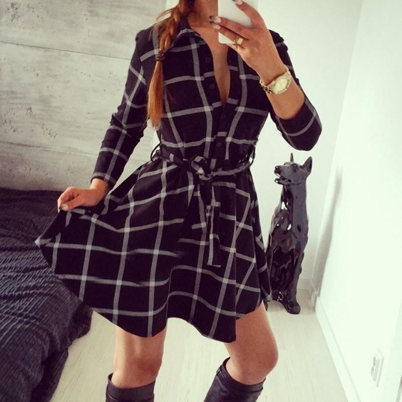 Women Plaid Dresses Long Sleeve Dress Plus Size With Belt Work Office Business Casual Vintage Woman Dress Vestidos Multi Colors