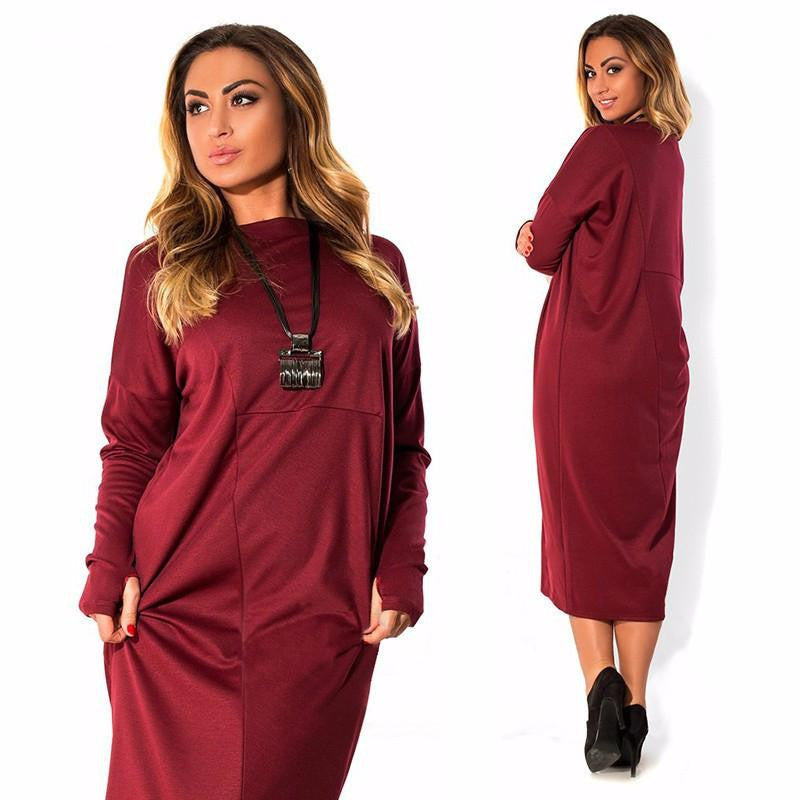 Women Autumn Dress Solid O-Neck Full Sleeve Big Size L-6XL Loose Casual Dress Elegant Office Loose Work Wear Plus Size GV398