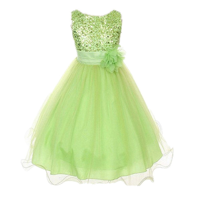 Princess Girl O-neck Sleeveless Sequined Floral Ball Gown Party Dresses One Piece Daily Dress