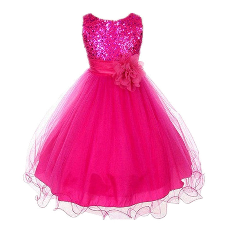 Princess Girl O-neck Sleeveless Sequined Floral Ball Gown Party Dresses One Piece Daily Dress