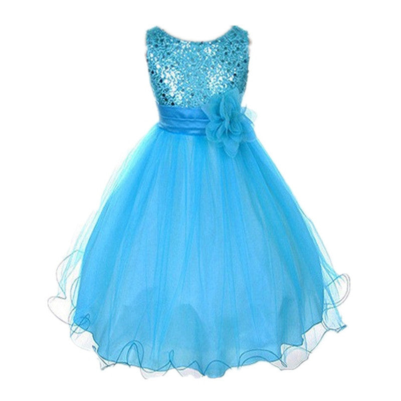 Princess Girl O-neck Sleeveless Sequined Floral Ball Gown Party Dresses One Piece Daily Dress