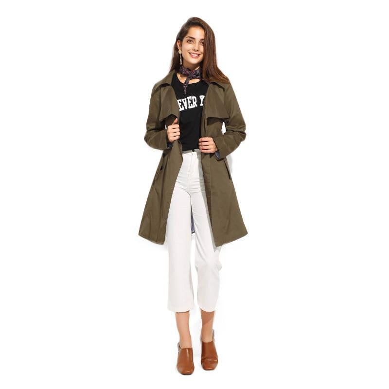 womens Fashion Slim Belt Army Green Trench Outwears Long sleeve Cardigans Coats for Women Coat