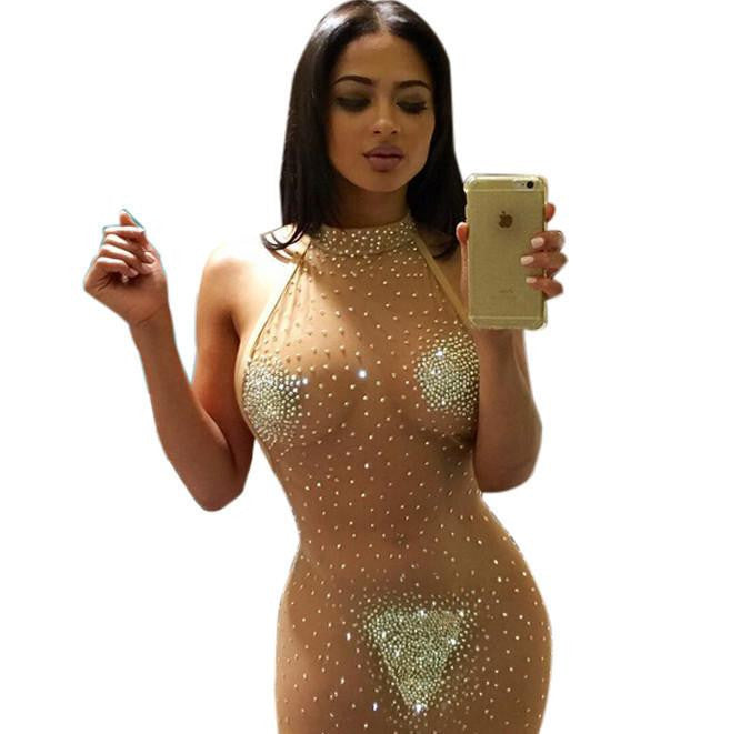 Womens Dresses Party Night Club Dress Mesh Diamonds O Neck Bodycon Women Khaki Dress ClubWear