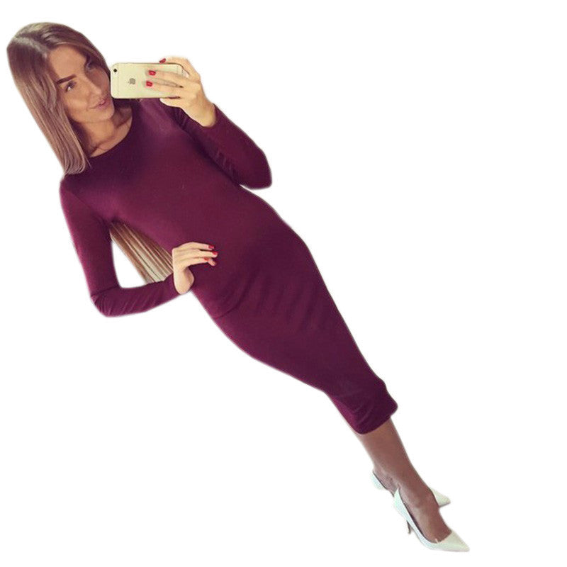 Online discount shop Australia - Long Sleeve Knee Length Midi Dress Slim Bodycon Bandage Autumn Black Wine Red Women Dresses Bandage Vestidos Q0001